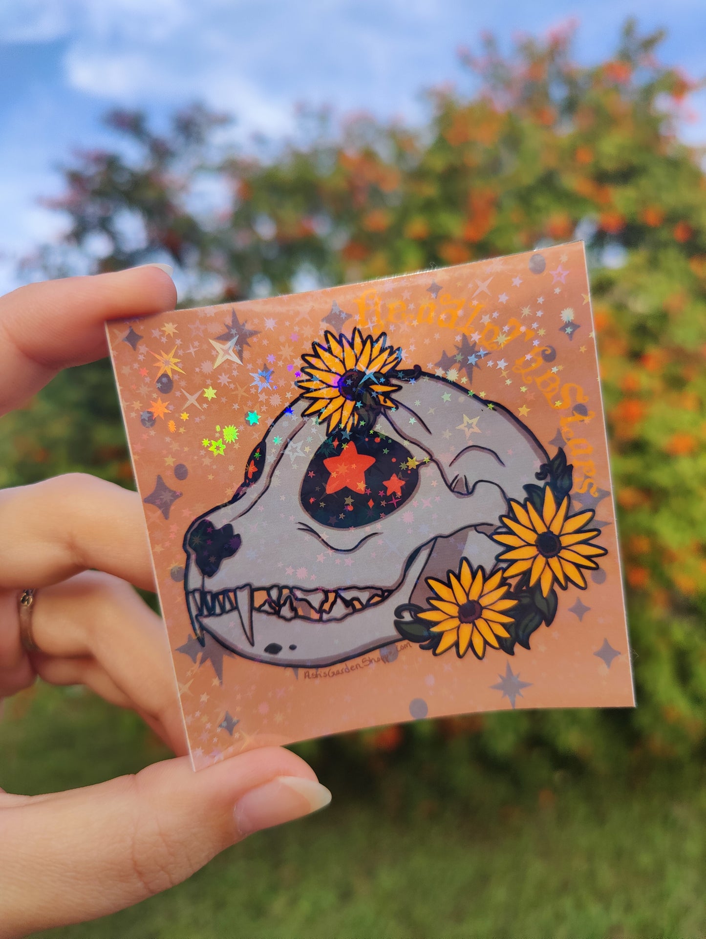 "Head in the Stars" Feline Skull 3" Holographic Sticker