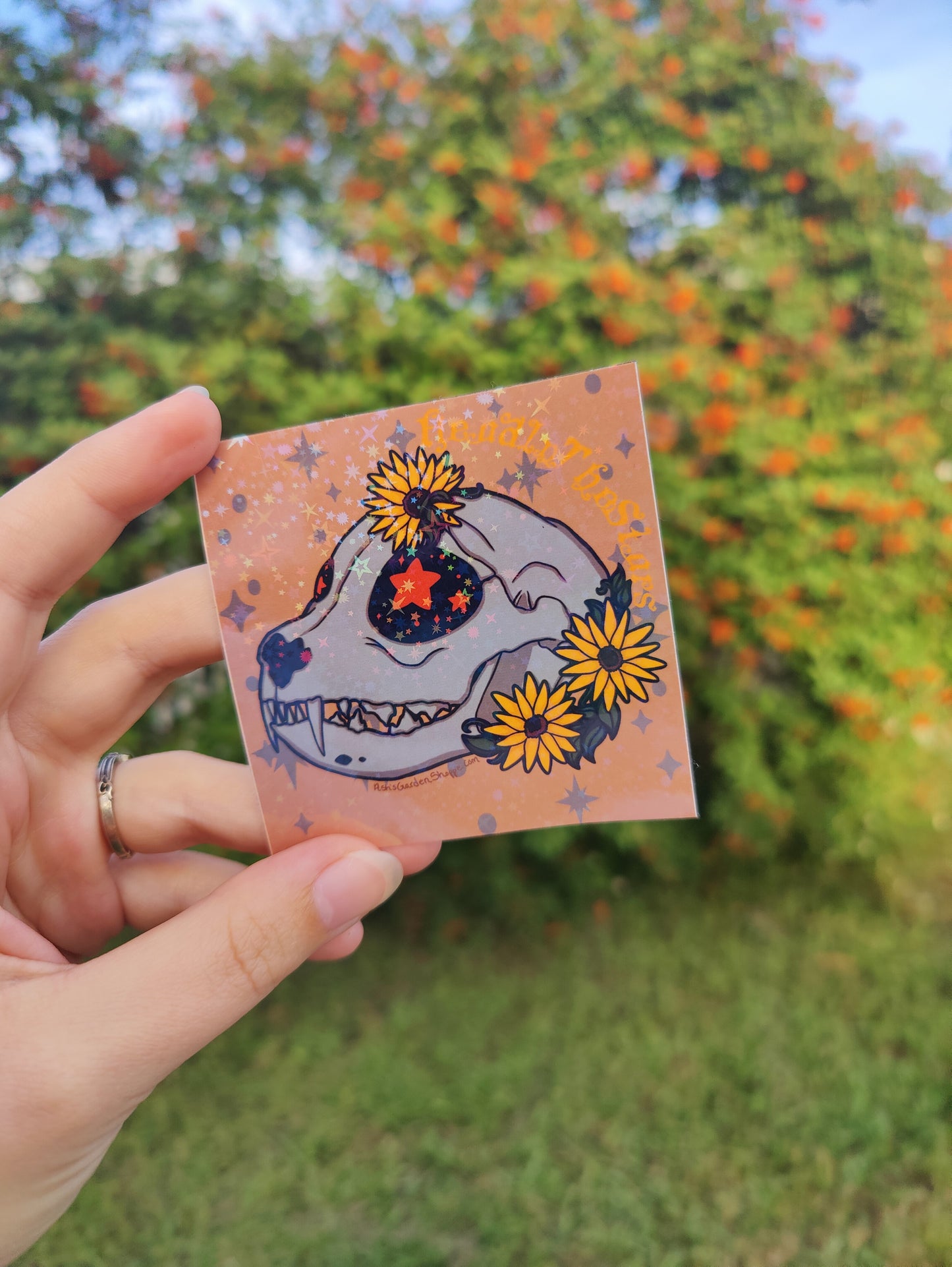 "Head in the Stars" Feline Skull 3" Holographic Sticker