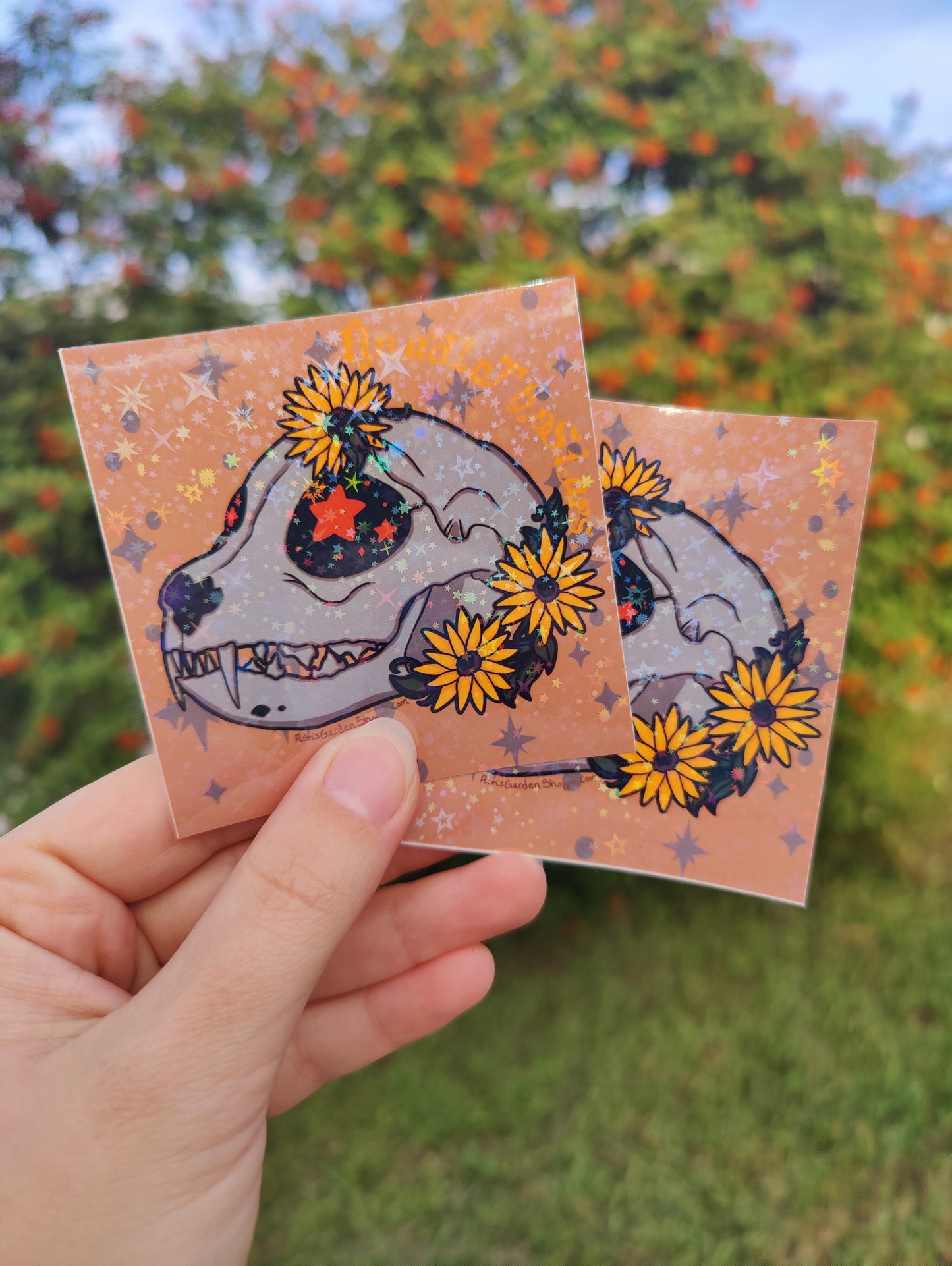 "Head in the Stars" Feline Skull 3" Holographic Sticker
