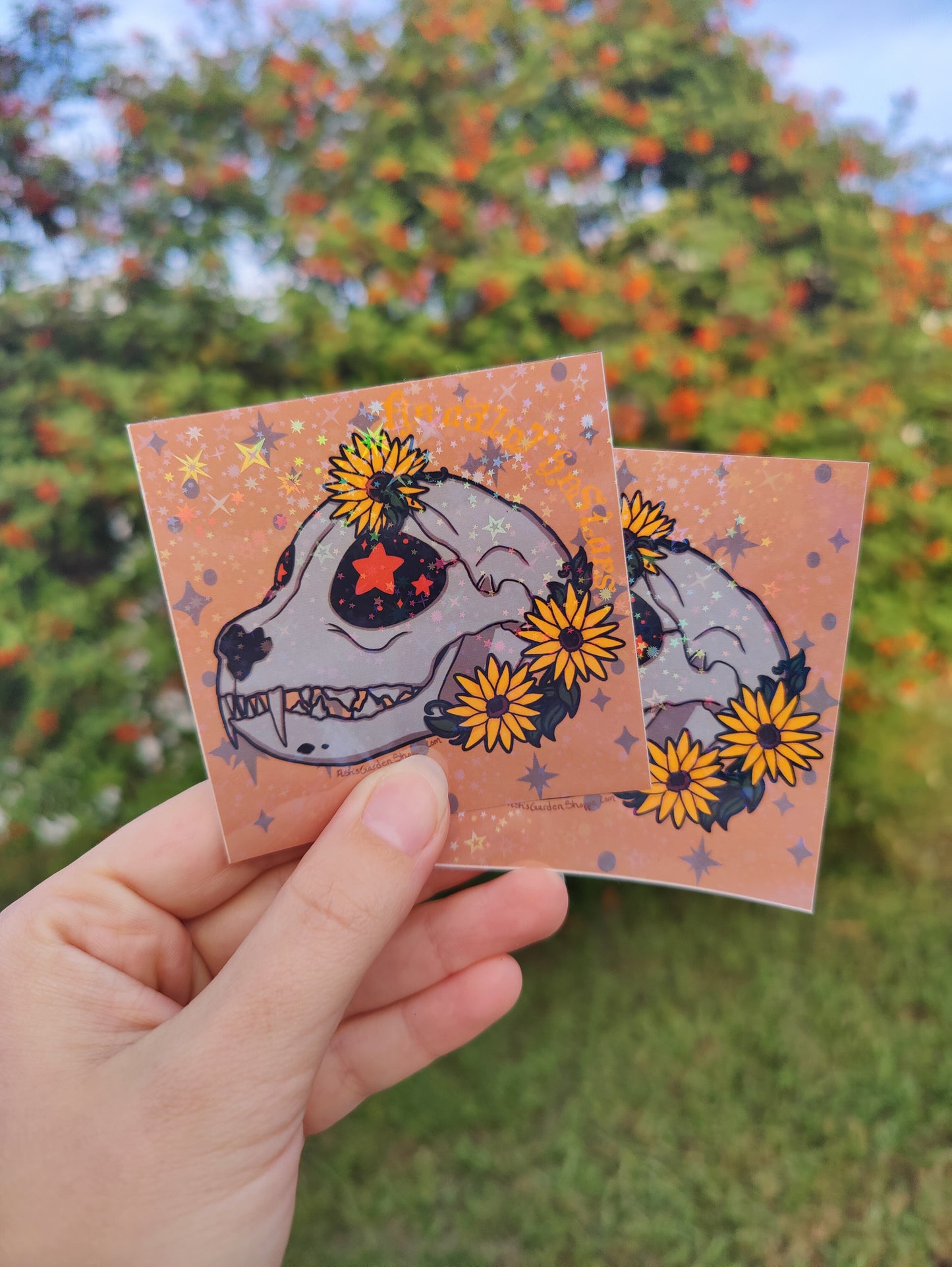 "Head in the Stars" Feline Skull 3" Holographic Sticker