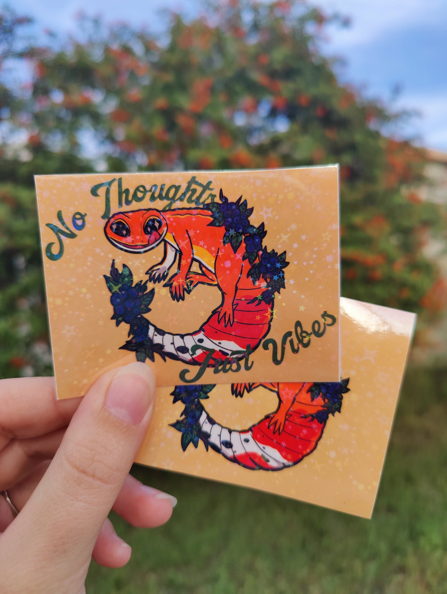 "No Thoughts, Just Vibes" Leopard Gecko 3" Holographic Sticker