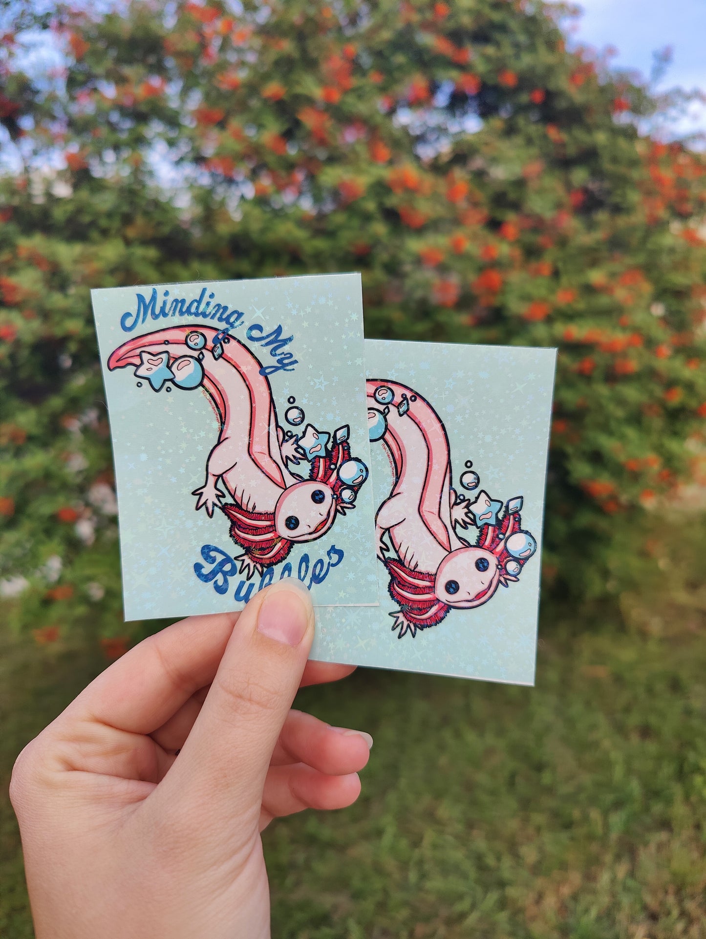 "Minding My Bubbles" Axolotl 3" Holographic Sticker