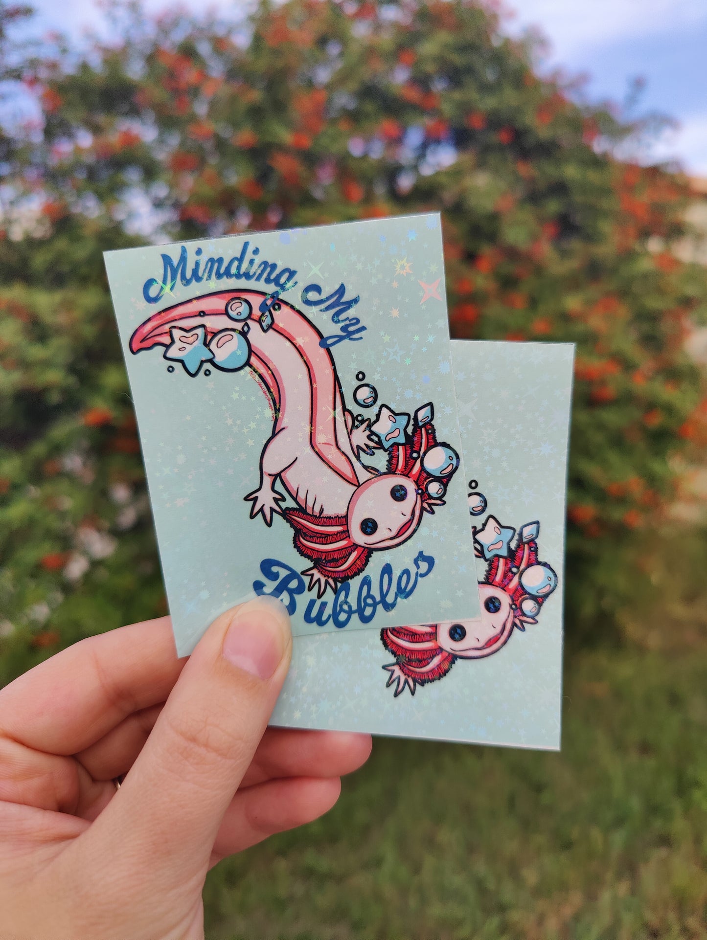 "Minding My Bubbles" Axolotl 3" Holographic Sticker