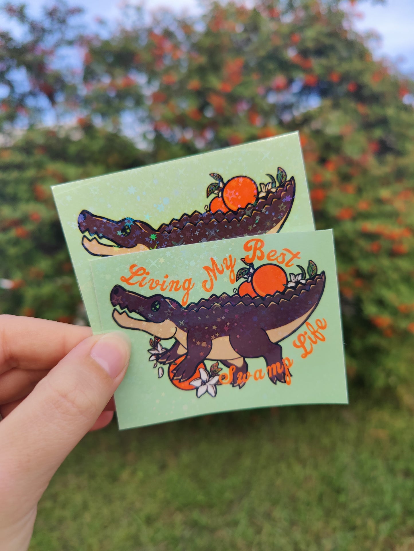 "Living My Best Swamp Life" Alligator 3" Holographic Sticker