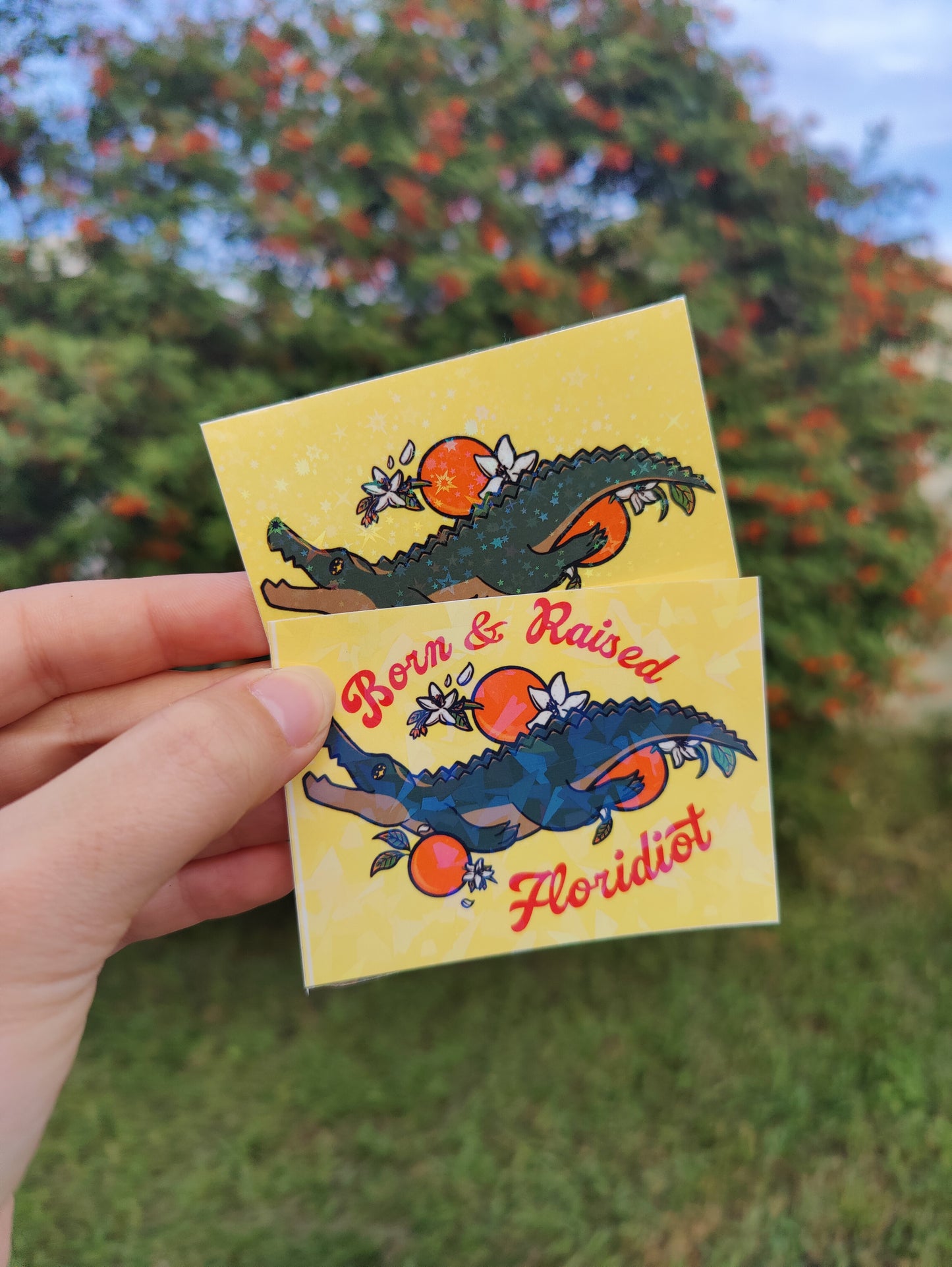 "Born and Raised Floridiot" Alligator 3" Holographic Sticker