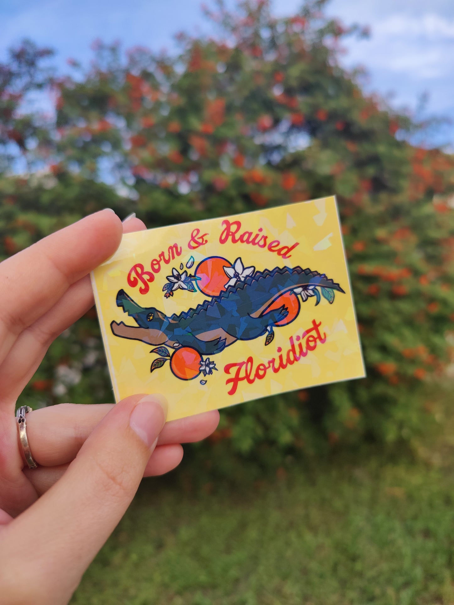 "Born and Raised Floridiot" Alligator 3" Holographic Sticker