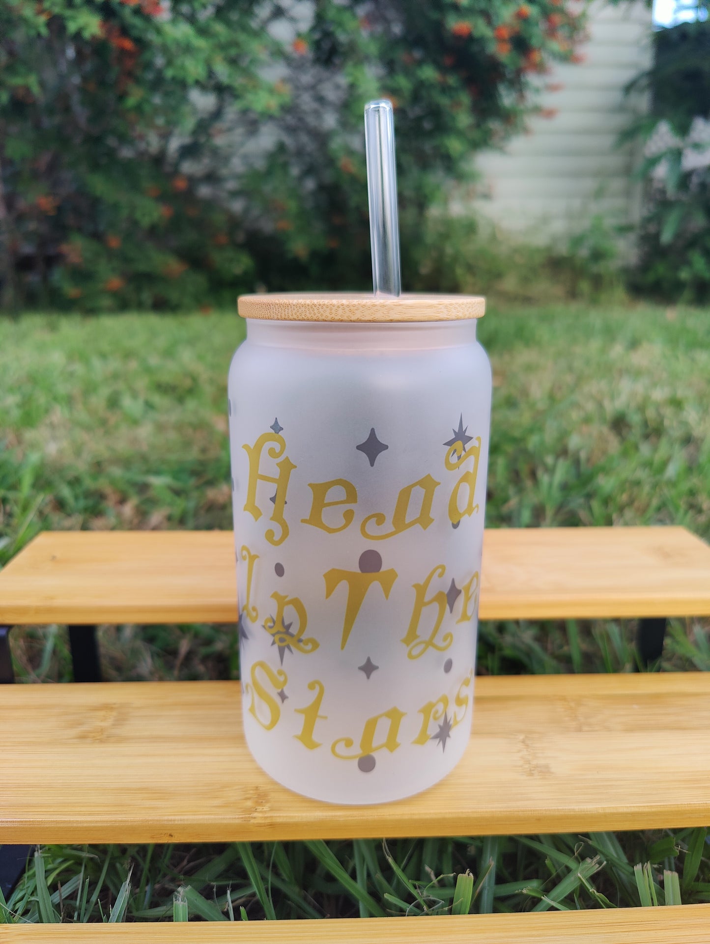 "Head in the Stars" Feline Skull 16oz Glass Can