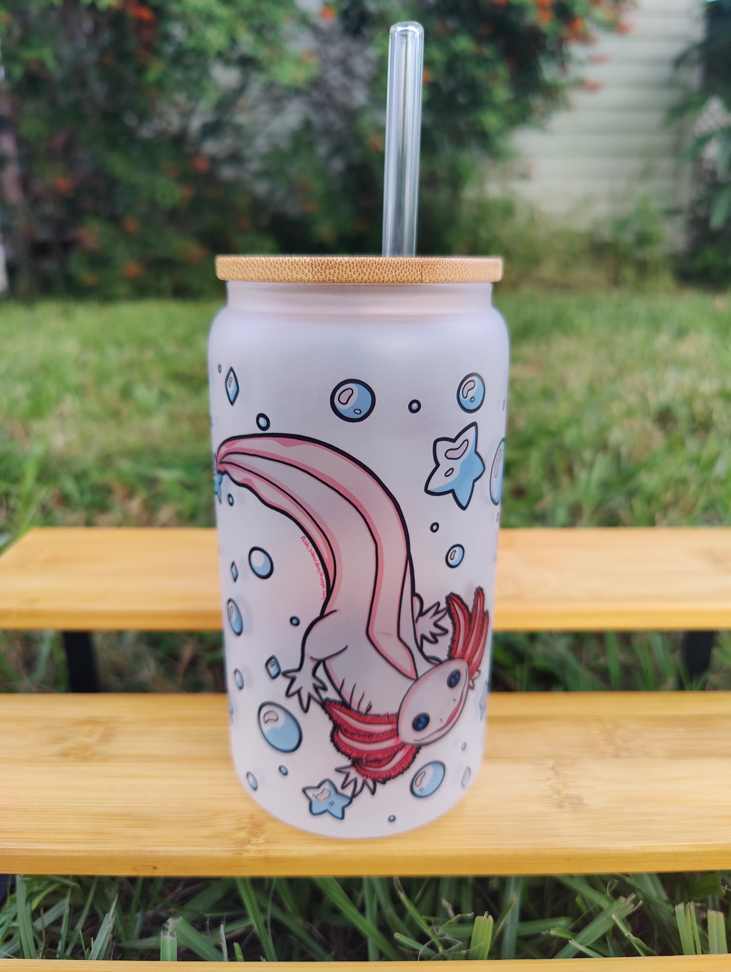 "Minding My Bubbles" Axolotl 16oz Glass Can