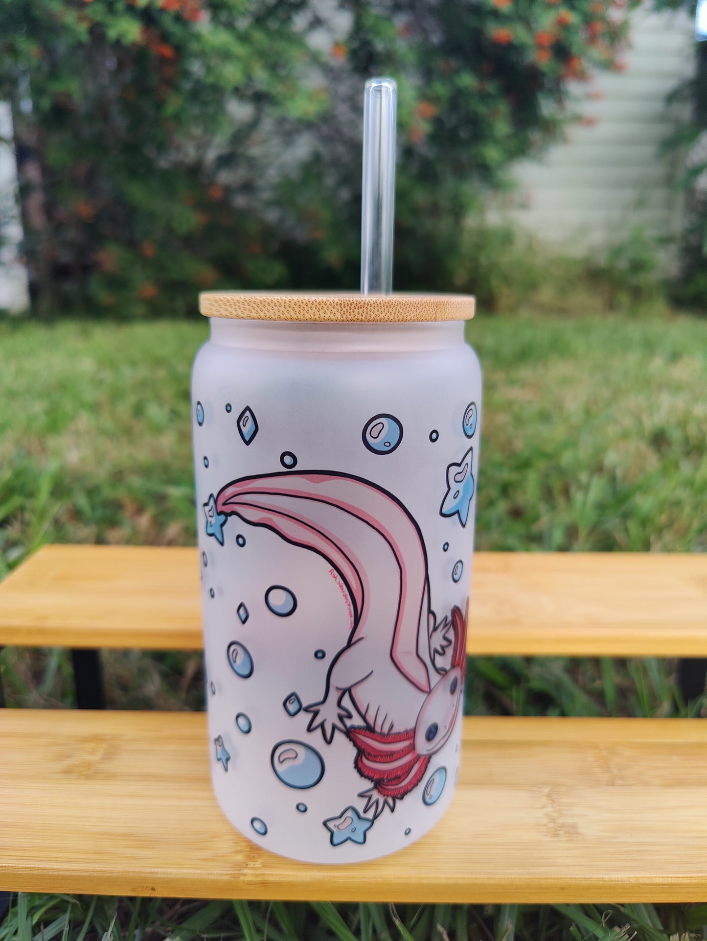 "Minding My Bubbles" Axolotl 16oz Glass Can