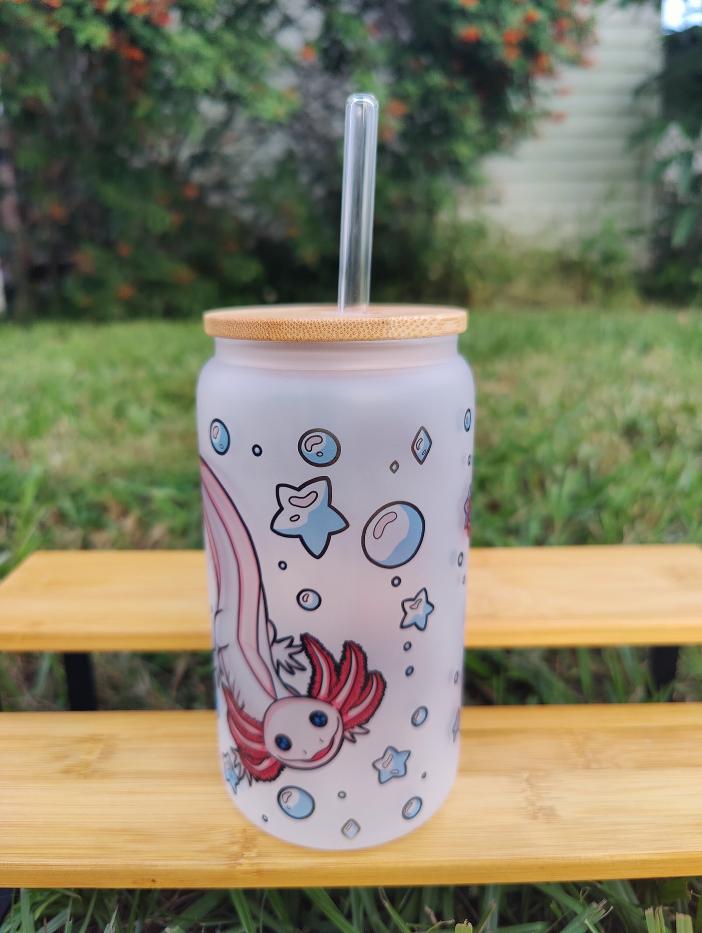 "Minding My Bubbles" Axolotl 16oz Glass Can