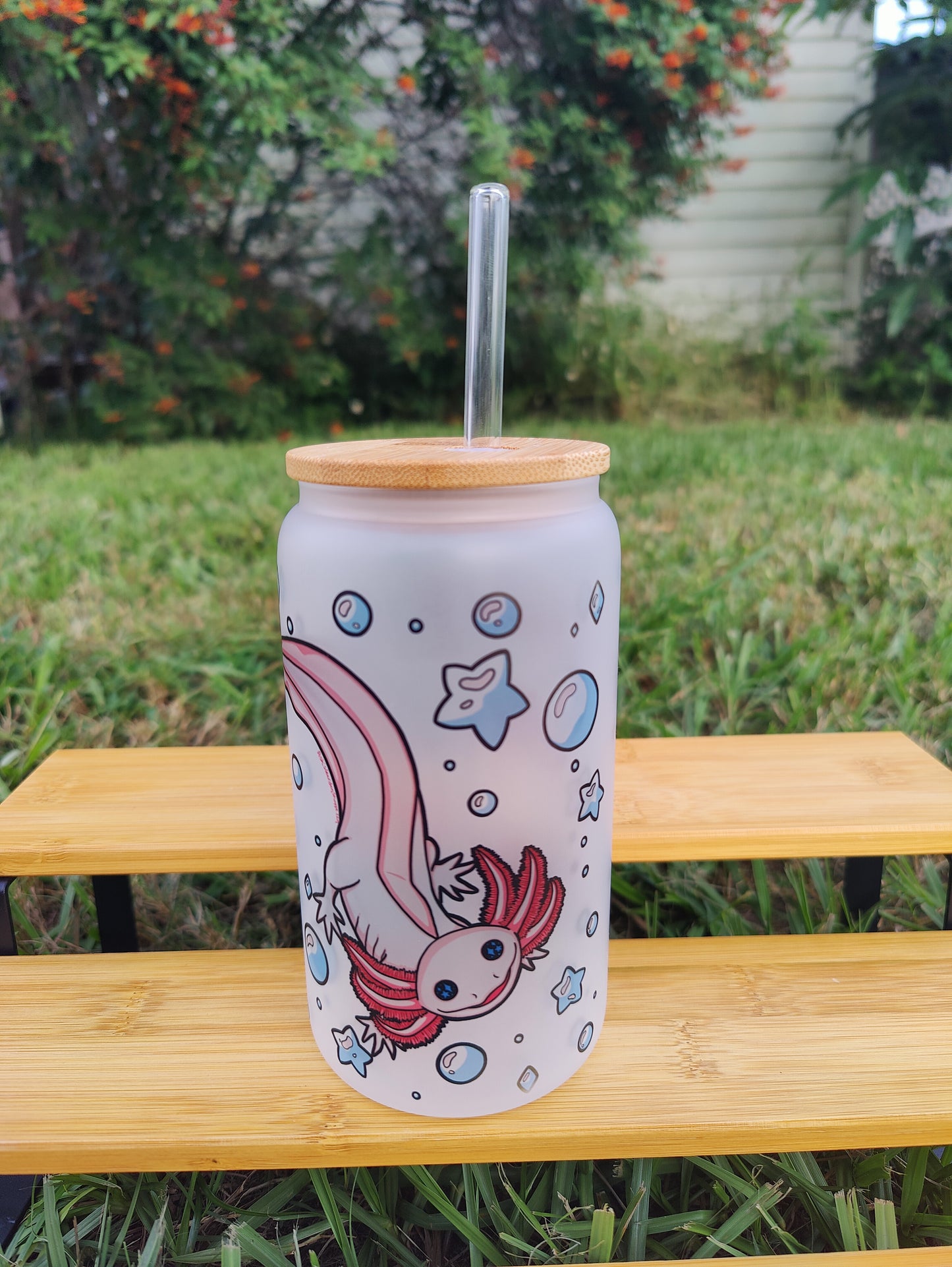 "Minding My Bubbles" Axolotl 16oz Glass Can