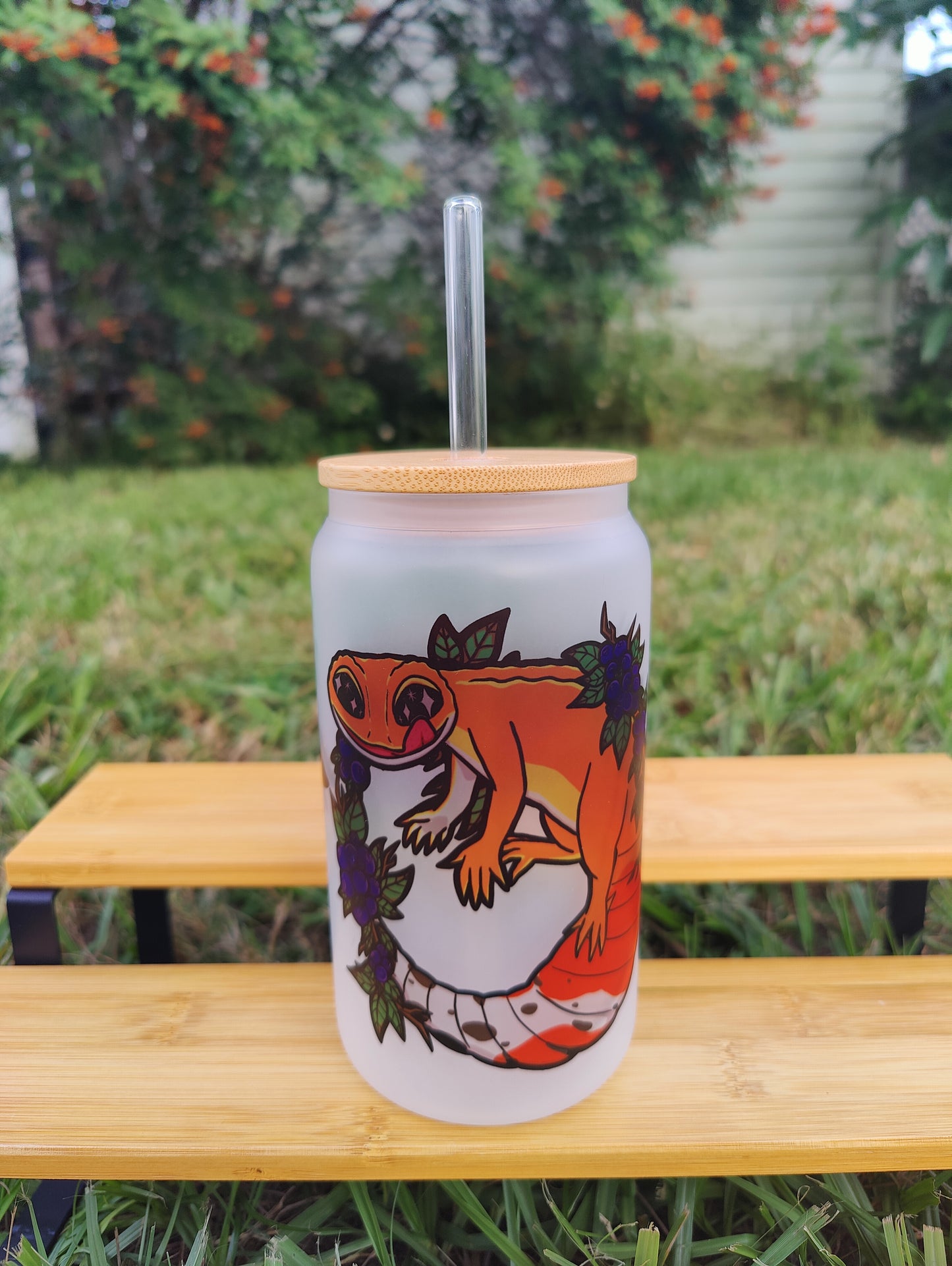 "No Thoughts, Just Vibes" Leopard Gecko 16oz Glass Can