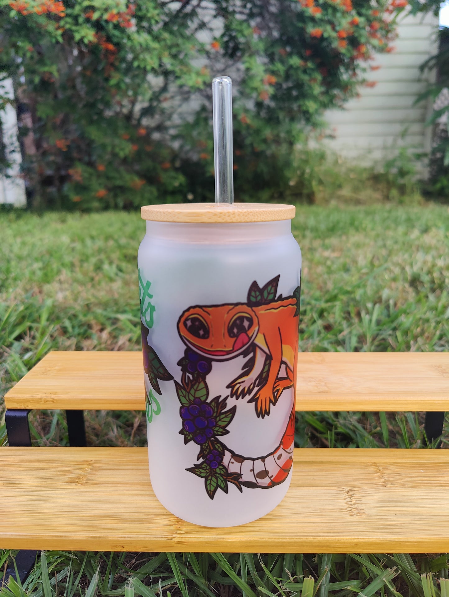 "No Thoughts, Just Vibes" Leopard Gecko 16oz Glass Can