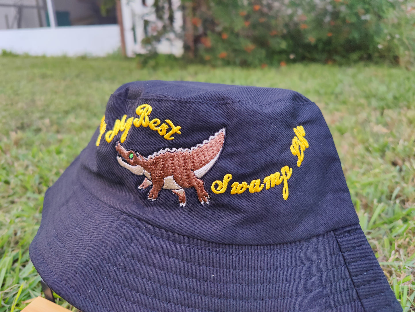 "Living My Best Swamp Life" Crocodile Black Bucket Hat