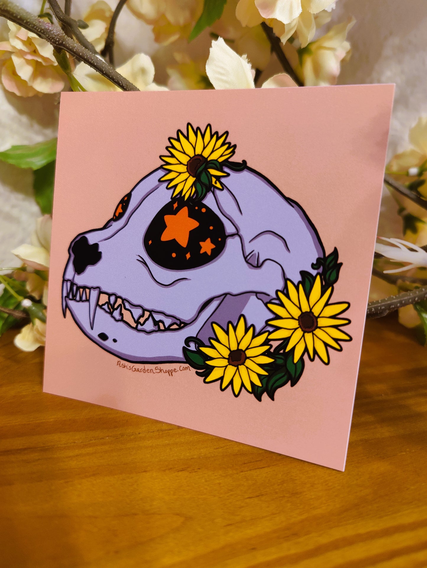 Starry-Eyed Feline Skull 4x4 Matte Art Print