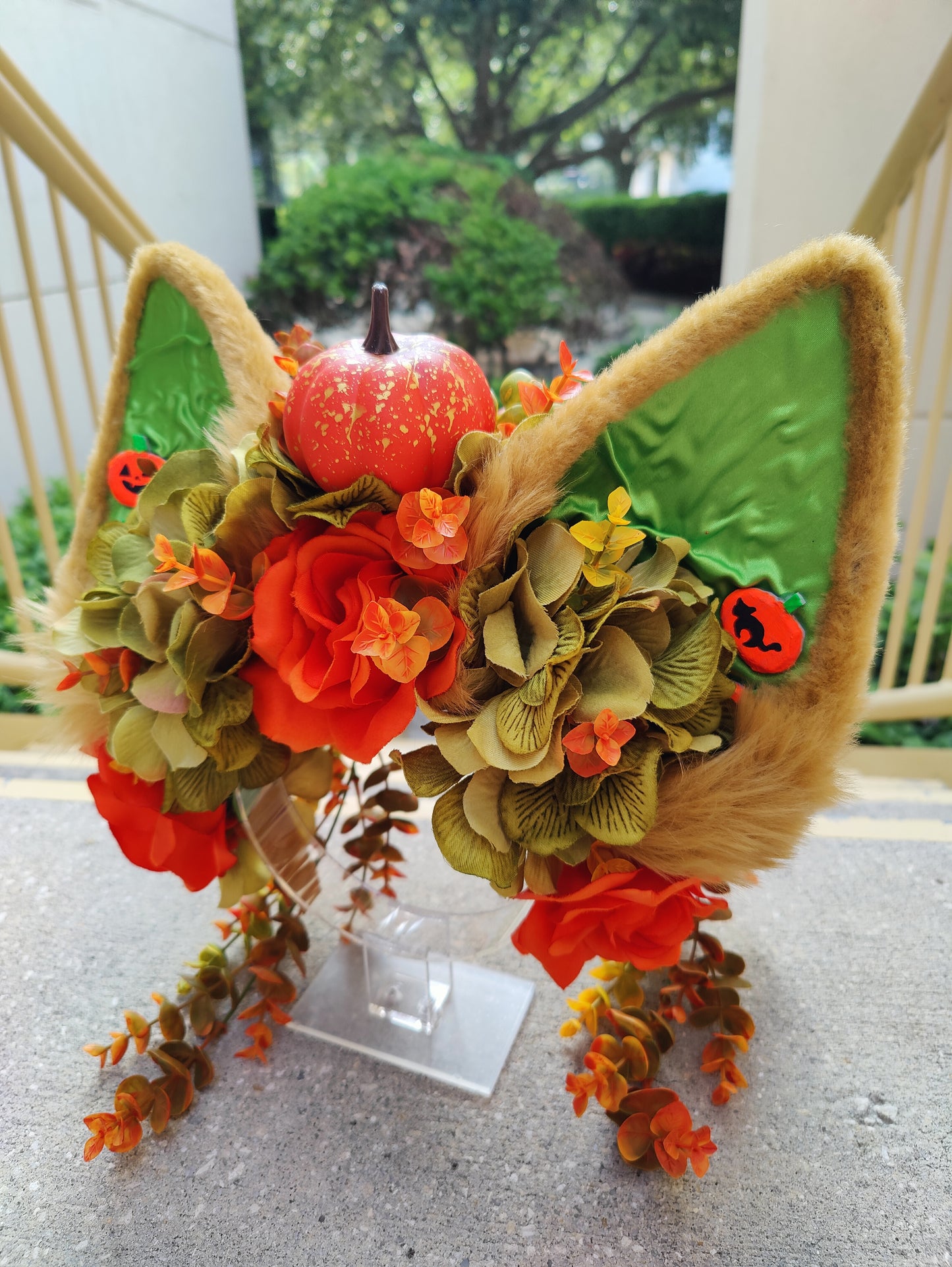 "Pumpkin Spice Wolf" Green and Orange Large Canine-Eared Flower Crown