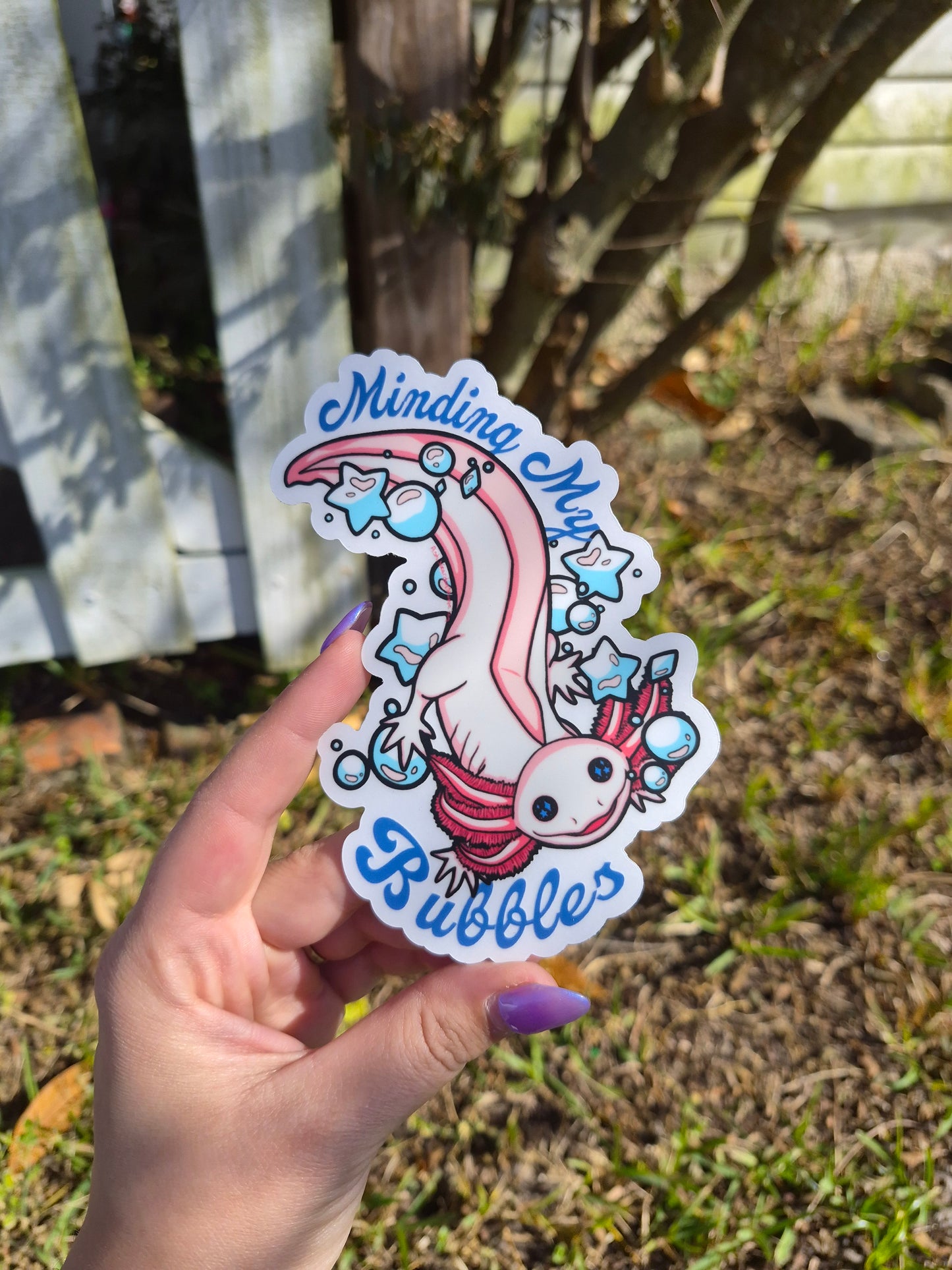 Axolotl "Minding My Bubbles" 5" Clear Matte Car Sticker