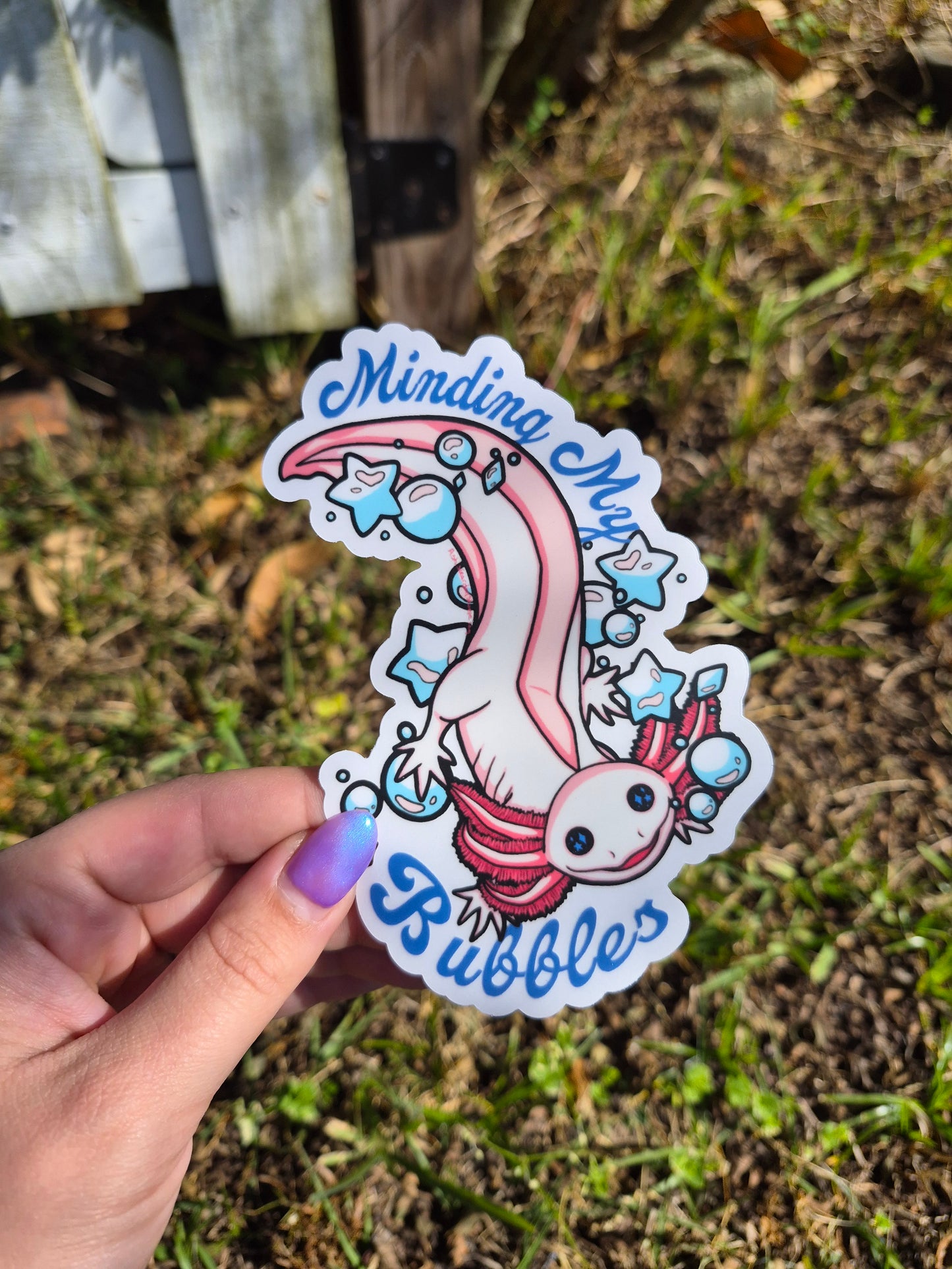 Axolotl "Minding My Bubbles" 5" Clear Matte Car Sticker