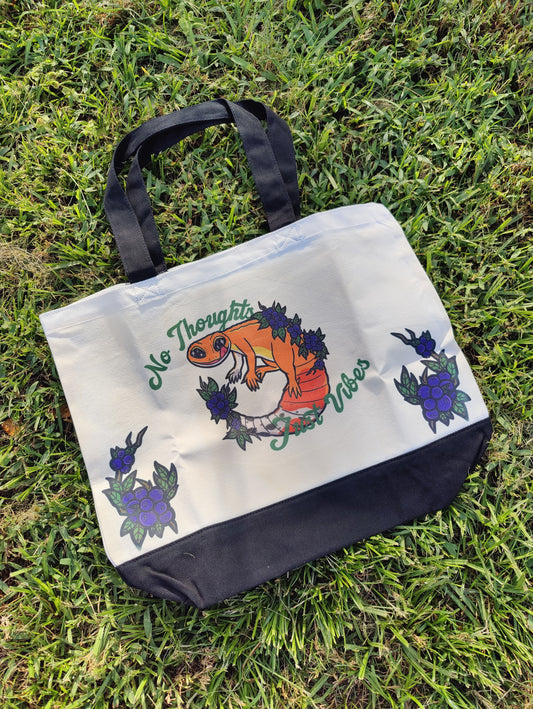 "No Thoughts, Just Vibes" Leopard Gecko Beach Tote Bag