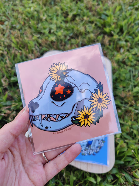 Starry-Eyed Feline Skull 4x4 Glossy Art Print