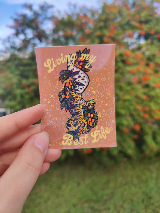 "Living My Best Life" Leopard Gecko 3" Holographic Sticker