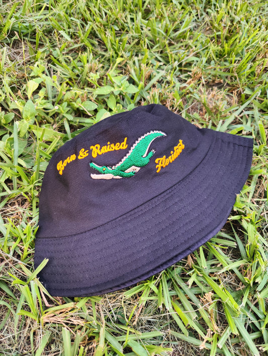 "Born & Raised Floridiot" Alligator Black Bucket Hat