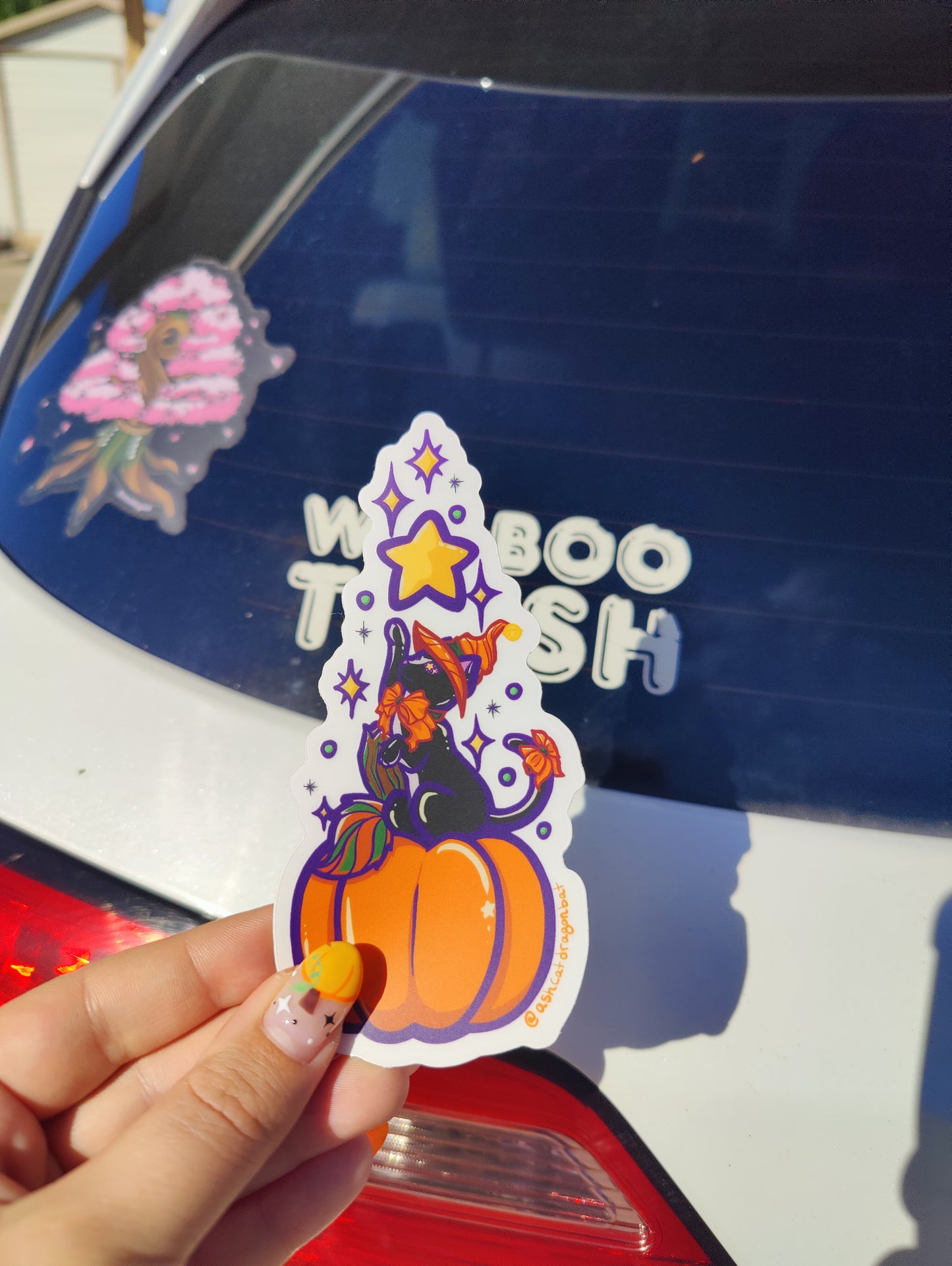 Pumpkin Witch Cat 5" Clear Matte Car Sticker