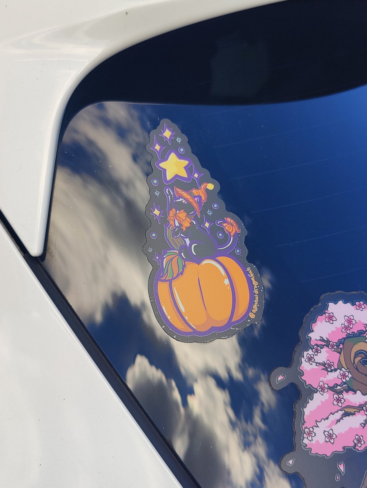 Pumpkin Witch Cat 5" Clear Matte Car Sticker
