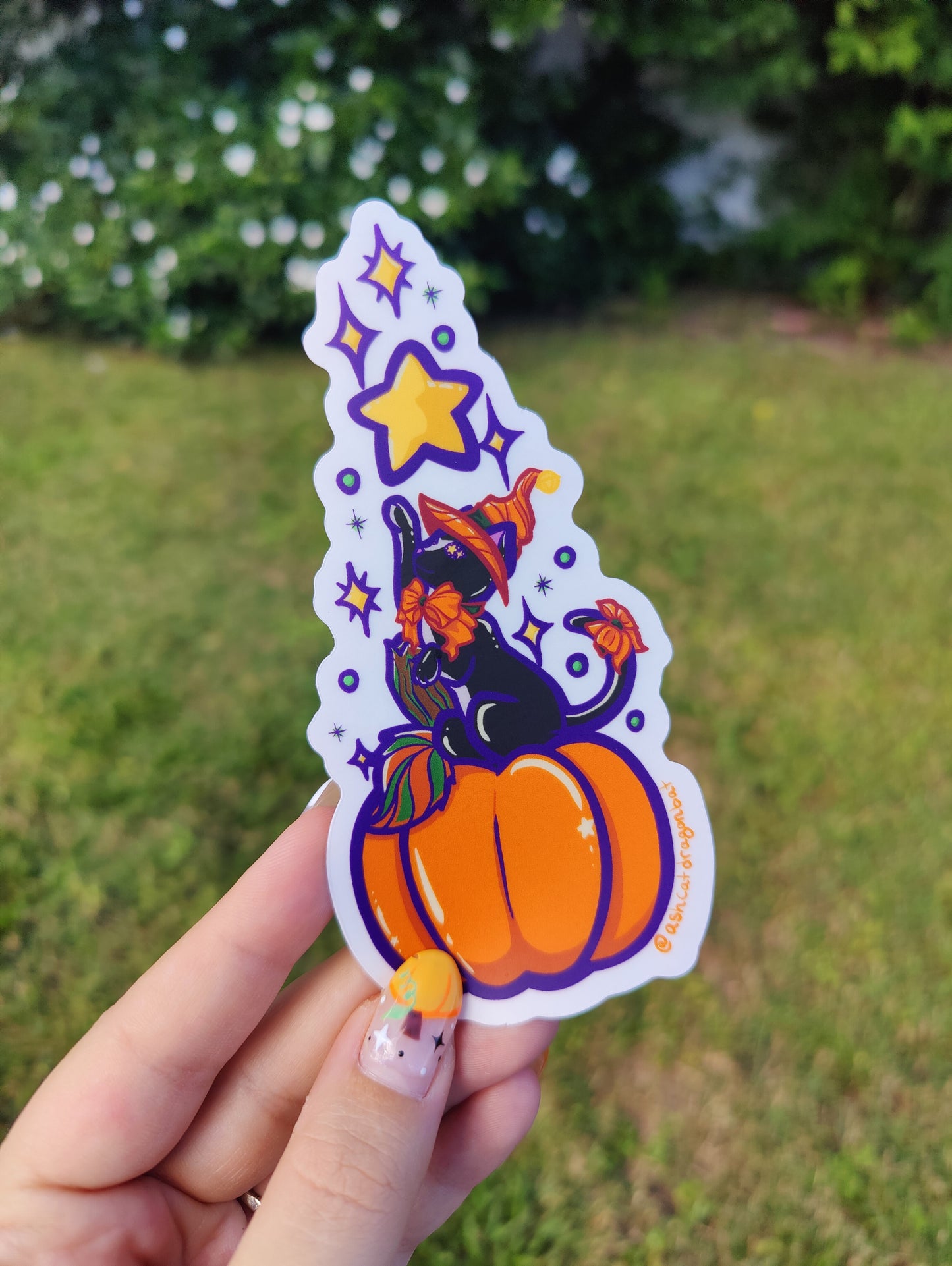 Pumpkin Witch Cat 5" Clear Matte Car Sticker