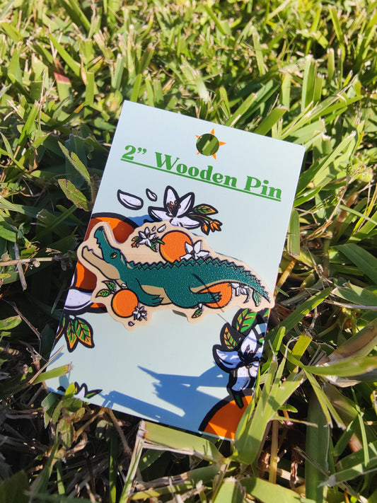 Tangerine Alligator 2" Wooden Pin