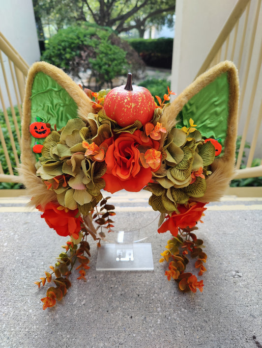 "Pumpkin Spice Wolf" Green and Orange Large Canine-Eared Flower Crown