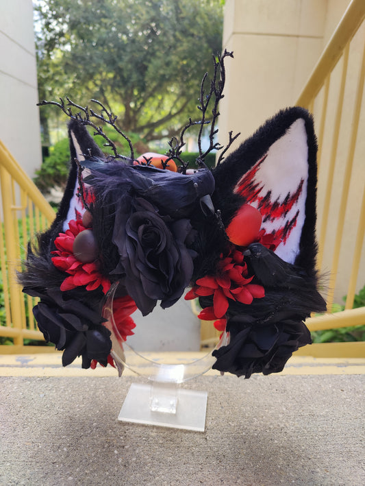 "Corvid Conundrum" Black and Red Large Feline-Eared Flower Crown