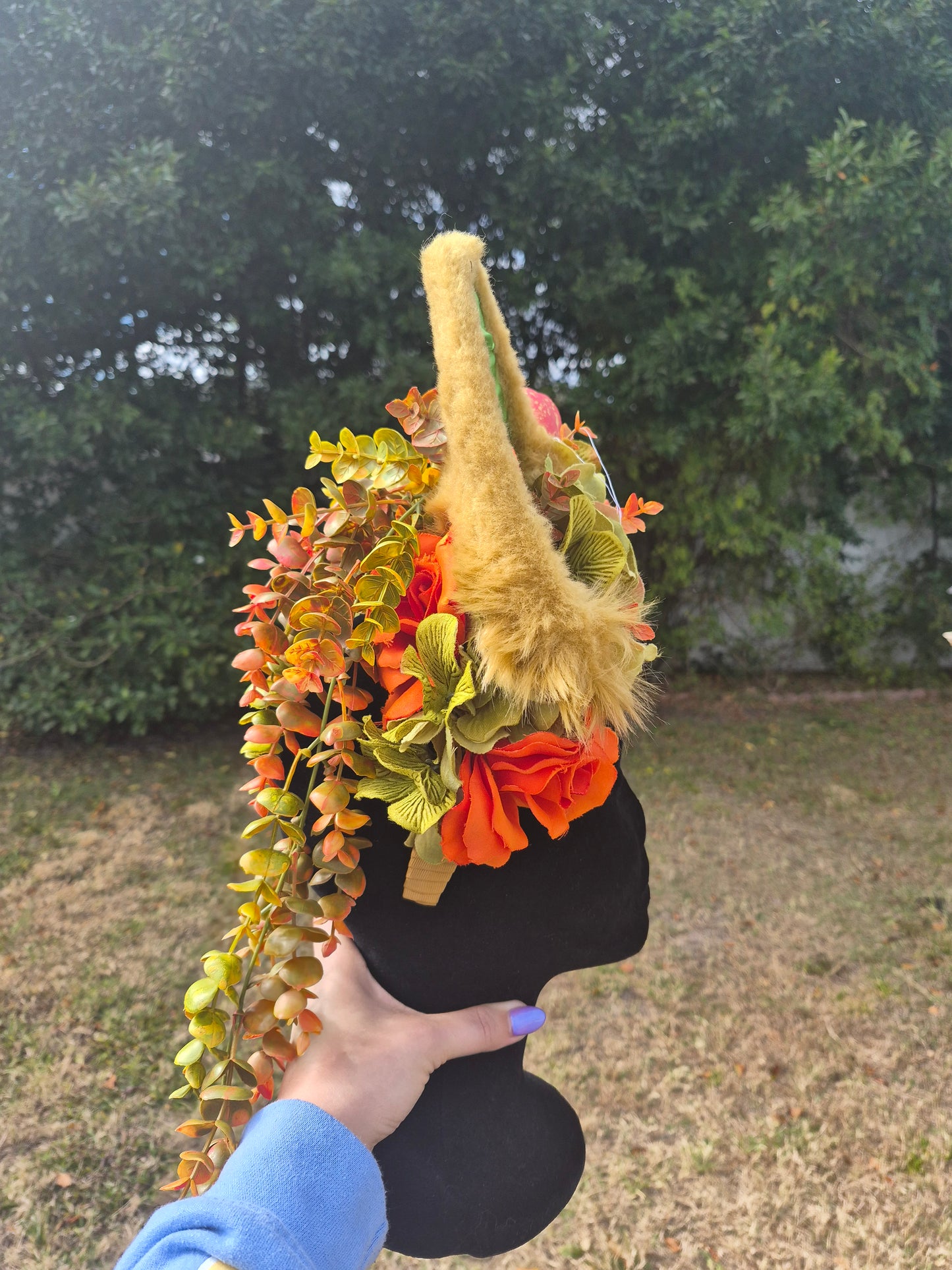 "Pumpkin Spice Wolf" Green and Orange Large Canine-Eared Flower Crown