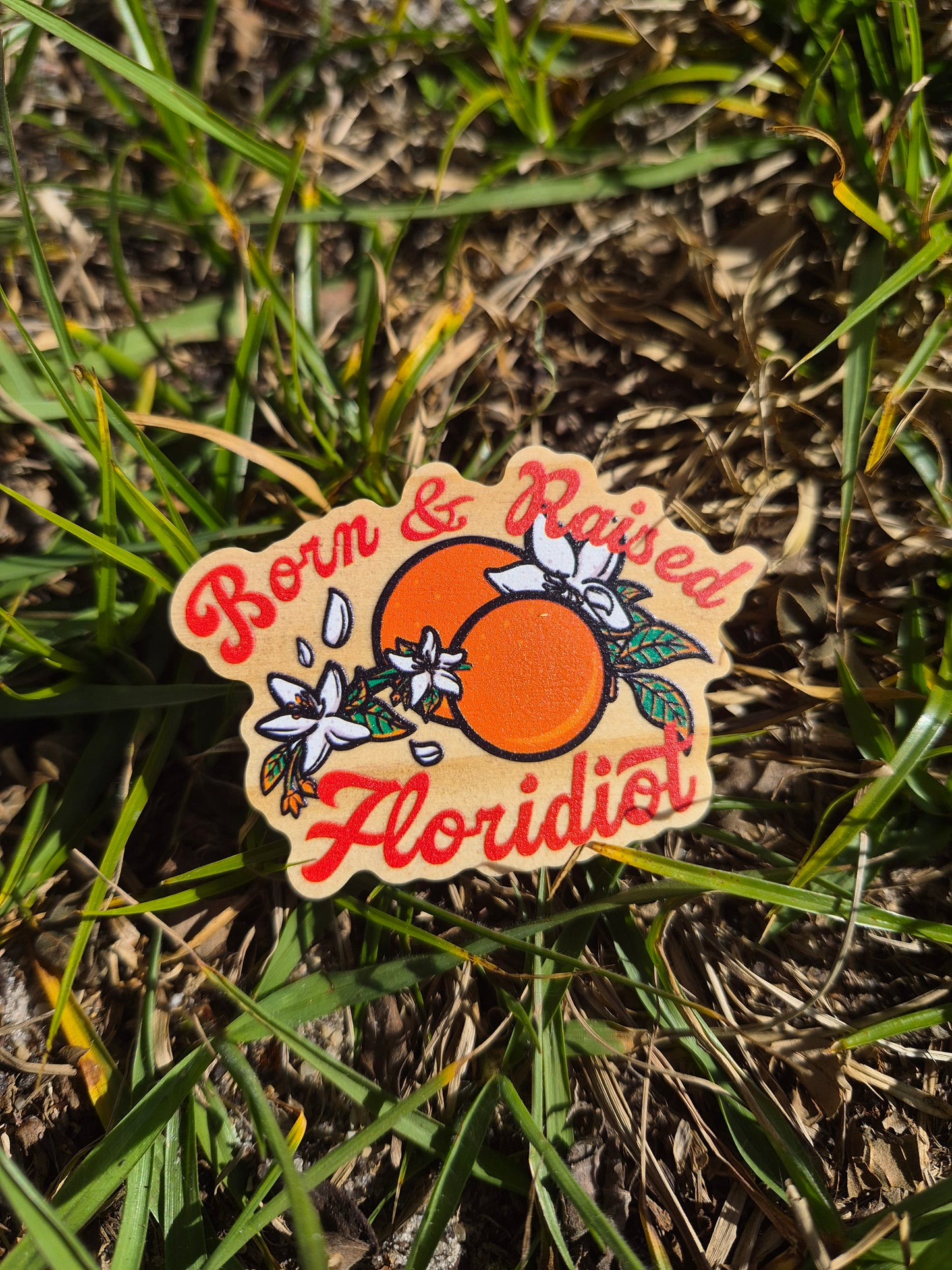 Born & Raised Floridiot 2.5" Wooden Pin Badge