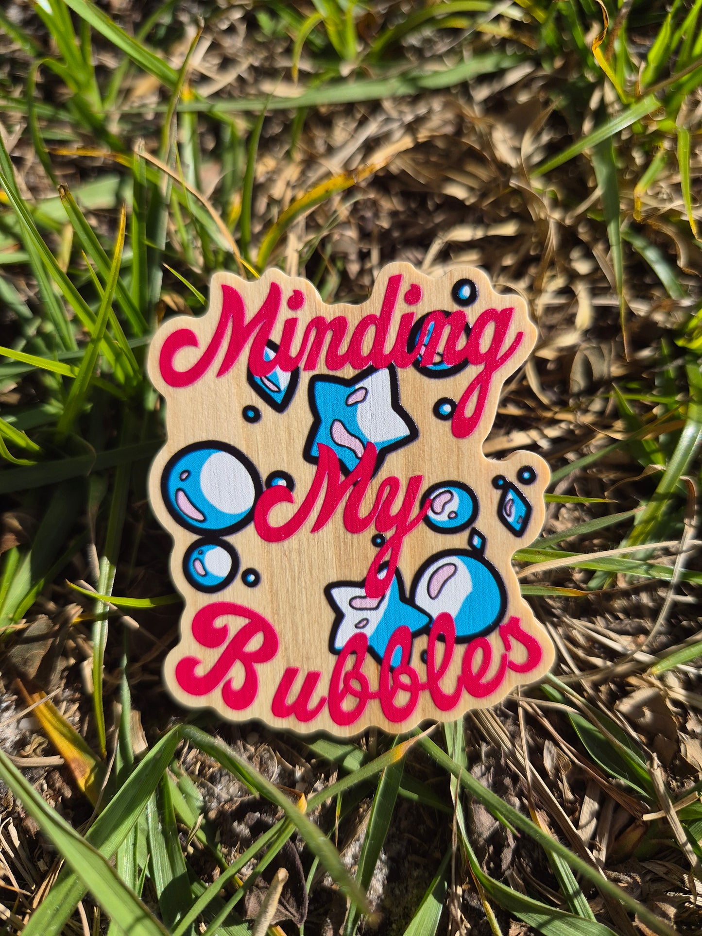Minding My Bubbles 2.5" Wooden Pin Badge