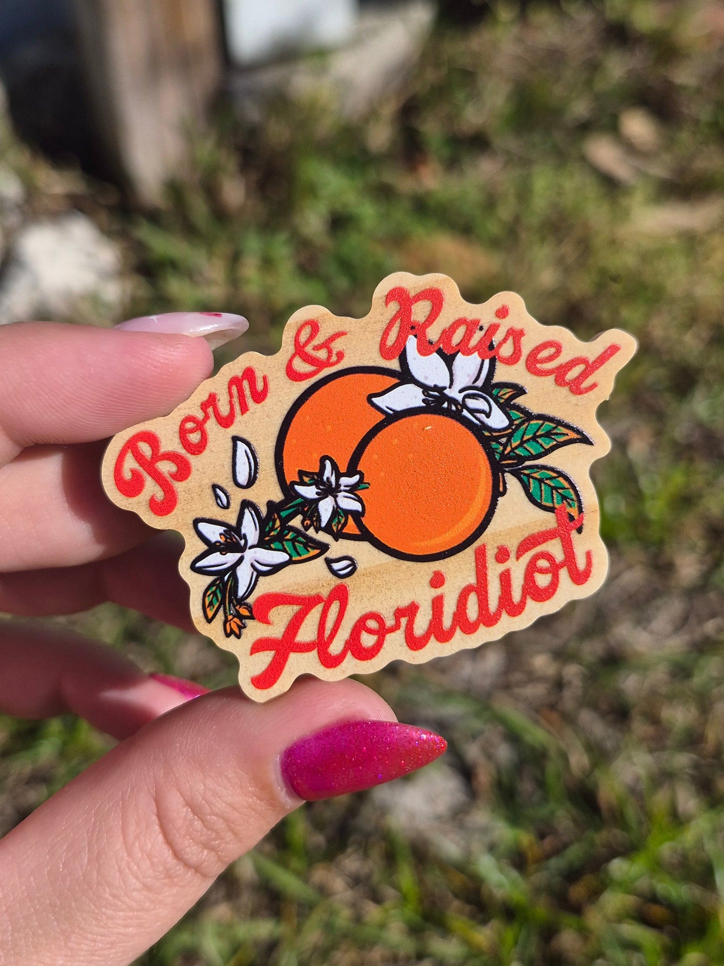 Born & Raised Floridiot 2.5" Wooden Pin Badge