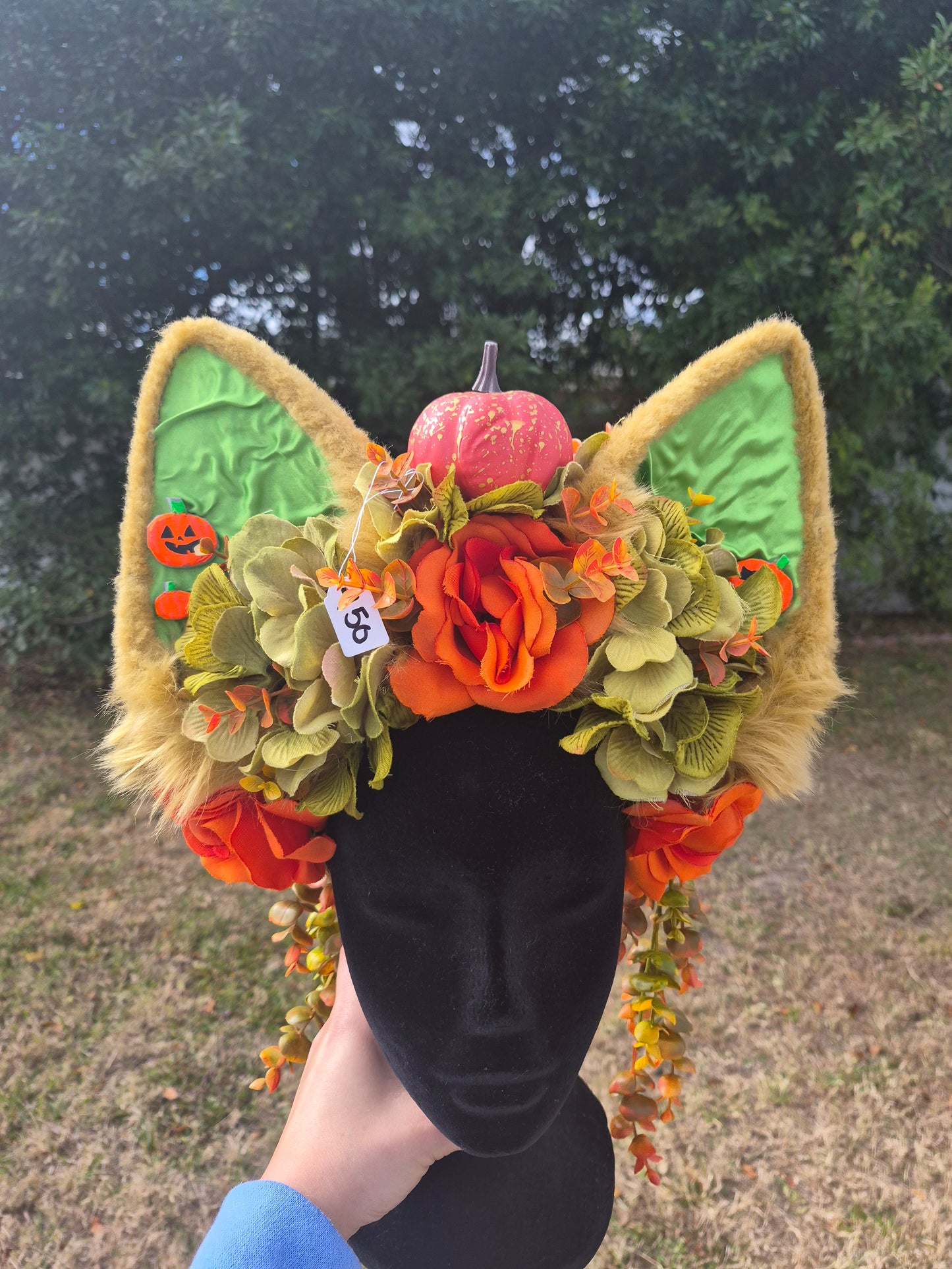 "Pumpkin Spice Wolf" Green and Orange Large Canine-Eared Flower Crown
