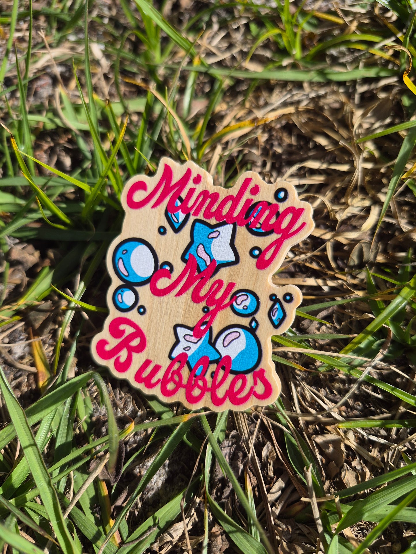 Minding My Bubbles 2.5" Wooden Pin Badge